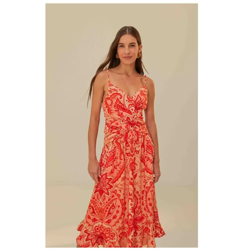 Farm Rio Red Jaipur Crossover Maxi Dress Size Small - Picture 2 of 15